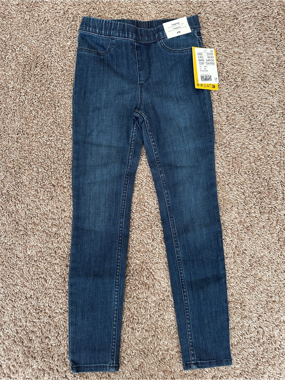 H&M Girls Blue Dark Wash Denim Jegging Jeans Pull-On Elastic Waist Pockets